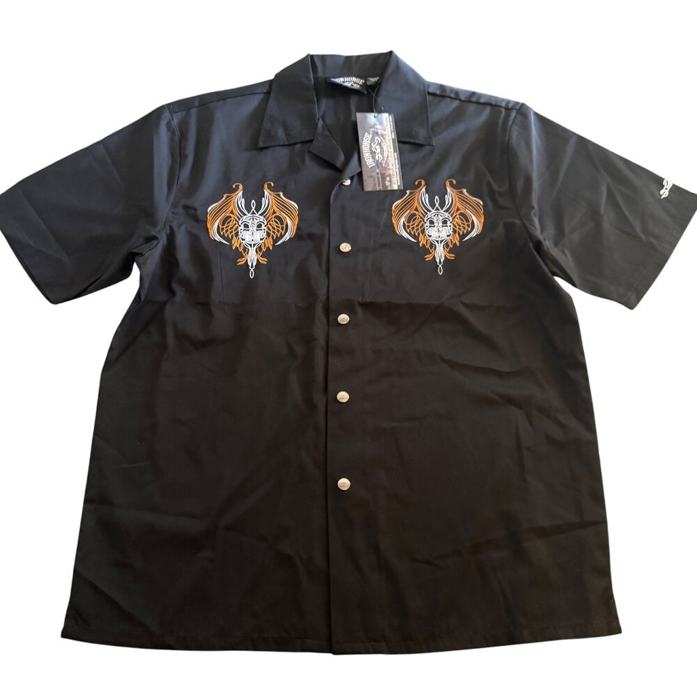 Iron Horse Originals Embroidered Black Metal Snap Button SS Shirt, Size L NWT